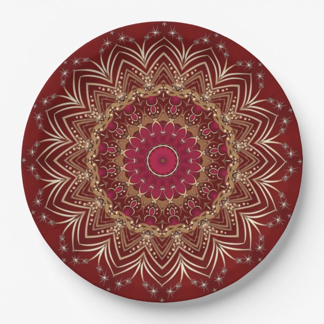 Red Gold Floral Holiday Paper Plate (Front)