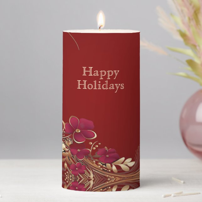 Red Gold Floral Holiday Pillar Candle (In Situ)