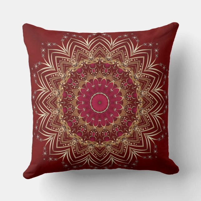Red Gold Floral Holiday Throw Pillow (Back)