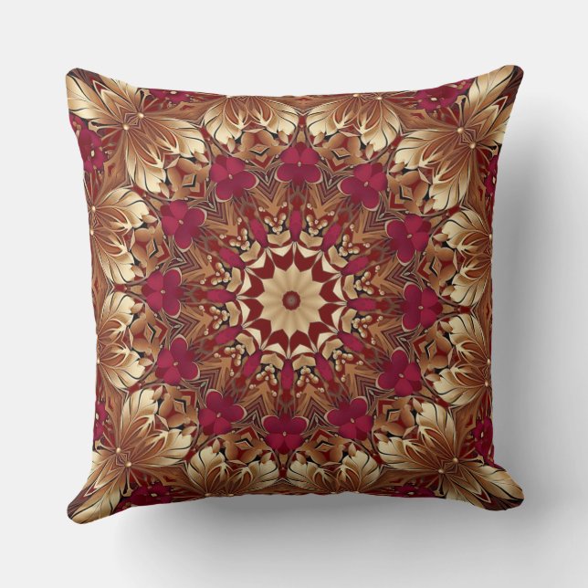 Red Gold Floral Holiday Throw Pillow (Back)