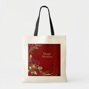 Red Gold Floral Holiday Tote Bag