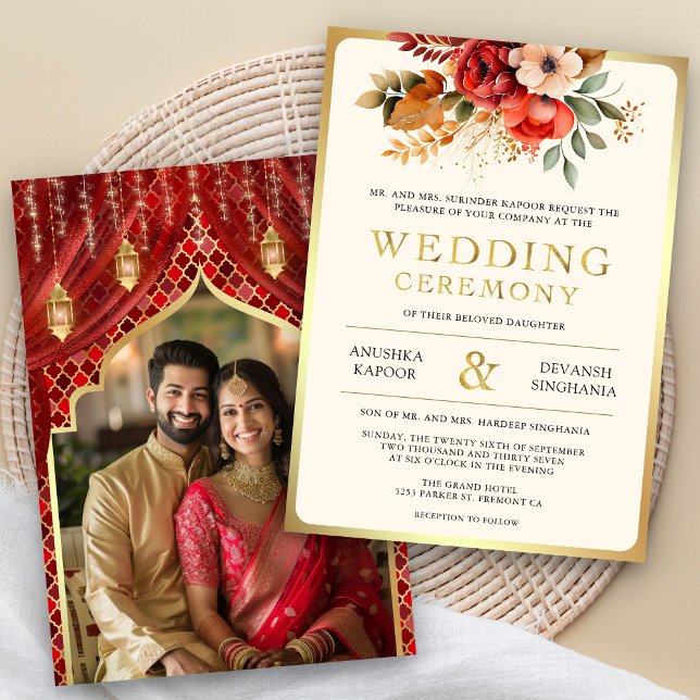 Red Gold Floral Indian Hindu Photo Wedding Invitation (Creator Uploaded)