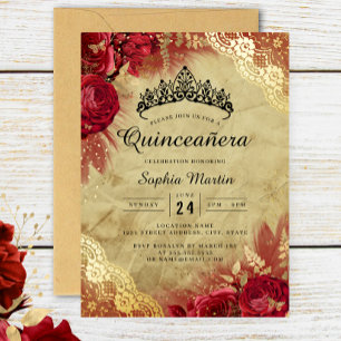 Red Gold Floral Lace Quinceanera  Foil Invitation