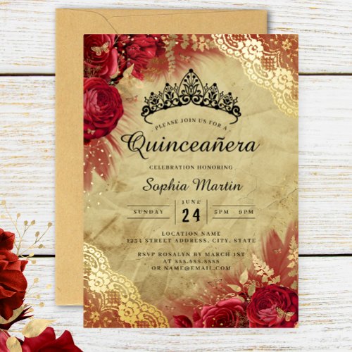 Red Gold Floral Lace Quinceanera  Foil Invitation