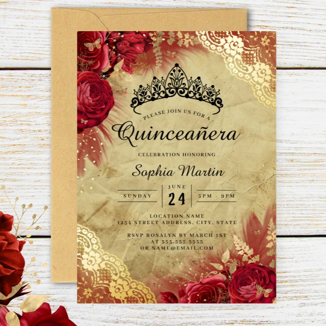 Red Gold Floral Lace Quinceanera  Foil Invitation (Creator Uploaded)