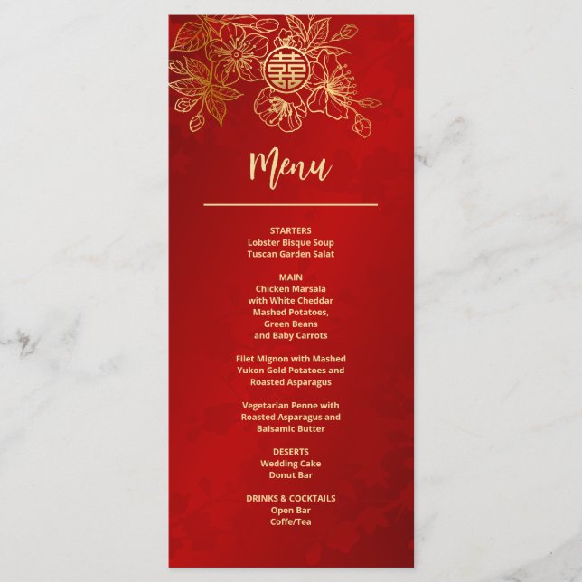 Red Gold Floral Line Art Chinese Wedding Menu (Front)