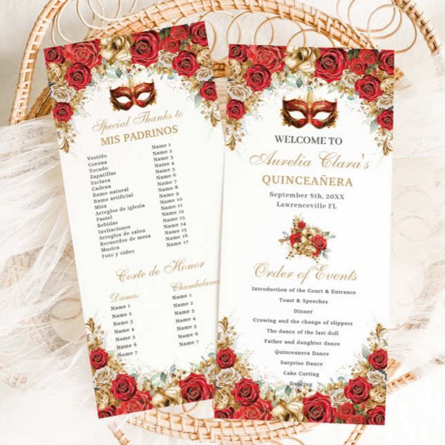 Red Gold Floral Masquerade Mask Ball Quinceanera  Program (Creator Uploaded)