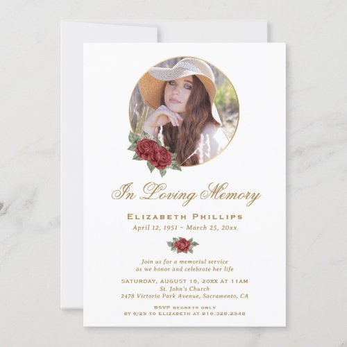 Red Gold Floral Memorial Service Funeral Photo Invitation