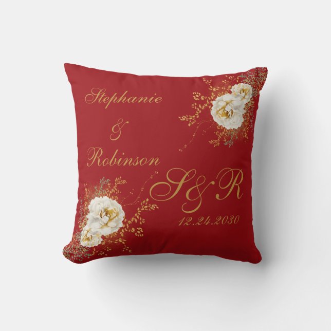 Red Gold Floral Monogram Logo Wedding  Throw Pillow (Front)