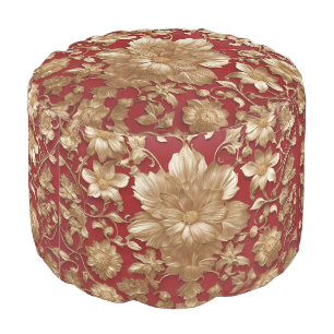 Red Gold Floral Pattern Footstool Round Pouf