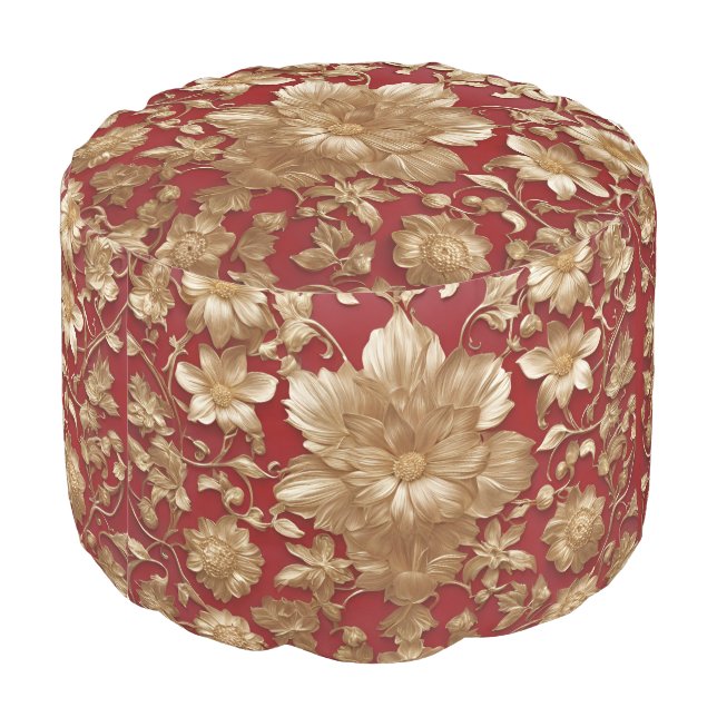 Red Gold Floral Pattern Footstool Round Pouf (Angled Back)
