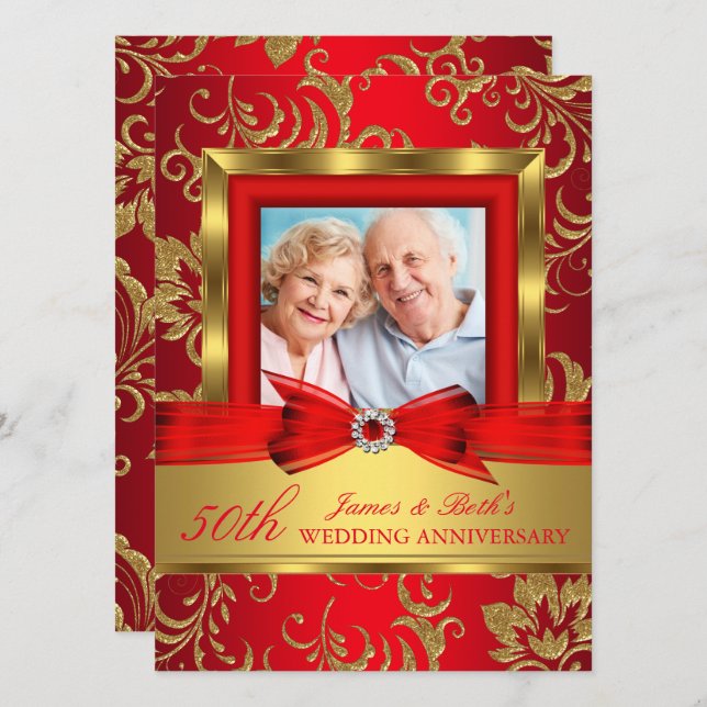Red Gold Floral Photo 50th Wedding Anniversary Invitation (Front/Back)