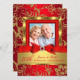 Red Gold Floral Photo 50th Wedding Anniversary Invitation