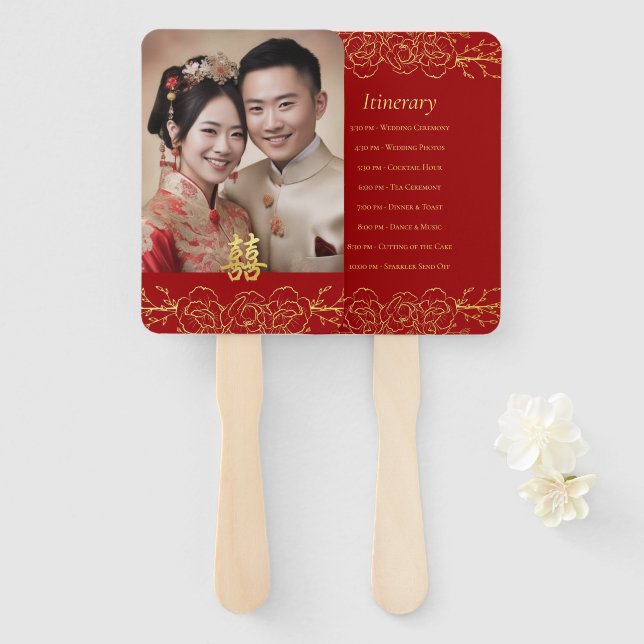 Red gold floral photo Chinese wedding program Hand Fan (Front and Back)