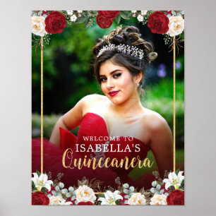 Red Gold Floral Photo Quinceañera Welcome Sign