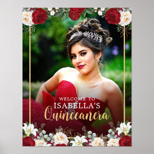 Red Gold Floral Photo Quinceaera Welcome Sign