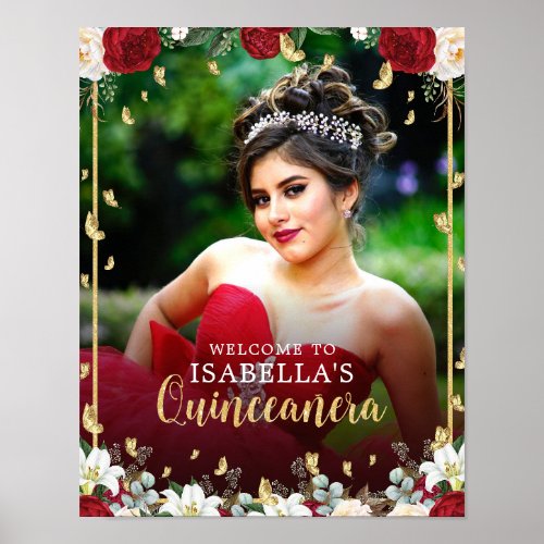 Red Gold Floral Photo Quinceaera Welcome Sign