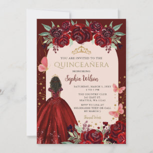 Red Gold Floral Princess Quinceanera Invitation