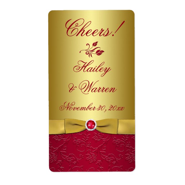 Red, Gold Floral PRINTED RIBBON Wedding Label (Front)