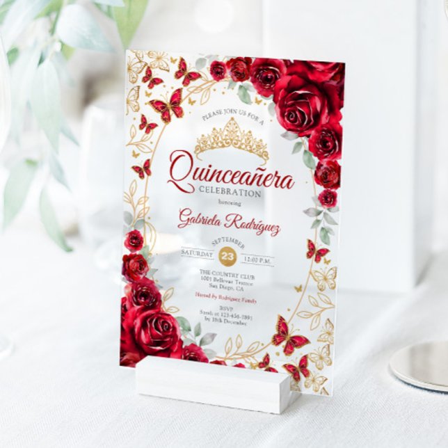 Red Gold Floral Quinceanera Acrylic Invitations (Creator Uploaded)