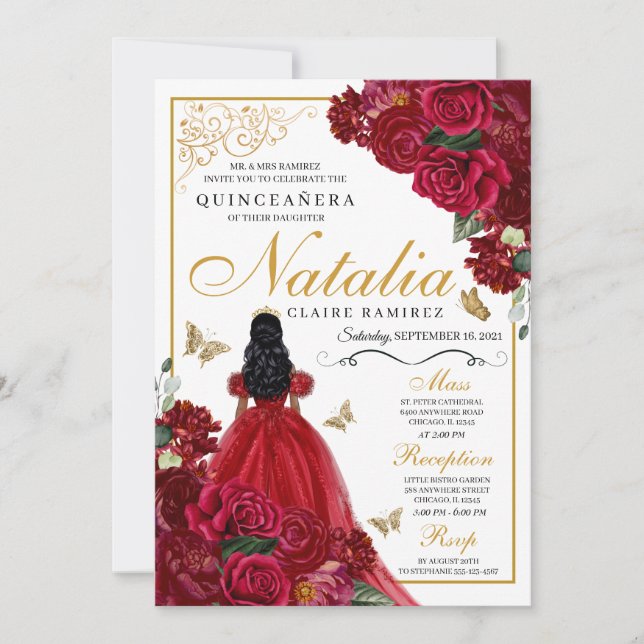 Red & Gold Floral Quinceanera Birthday Invitation (Front)