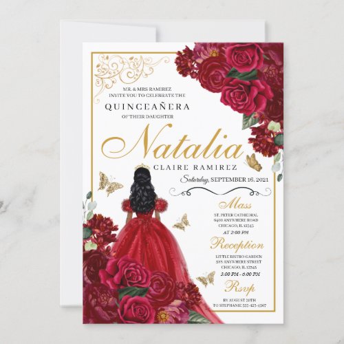 Red  Gold Floral Quinceanera Birthday Invitation