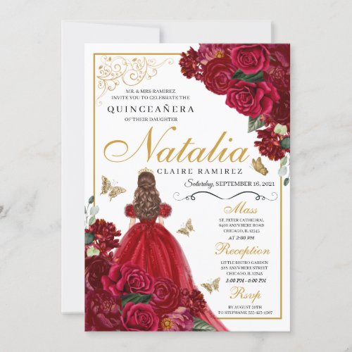 Red  Gold Floral Quinceanera Birthday Invitation