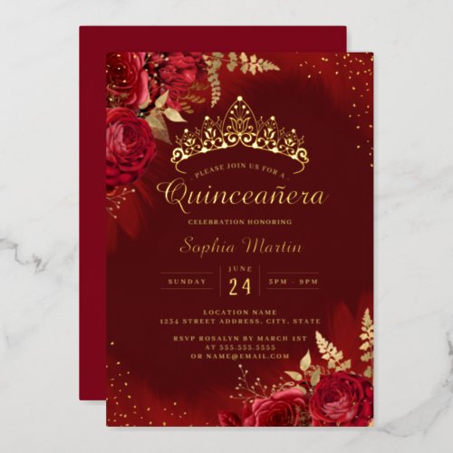 Red Gold Floral Quinceanera  Foil Invitation