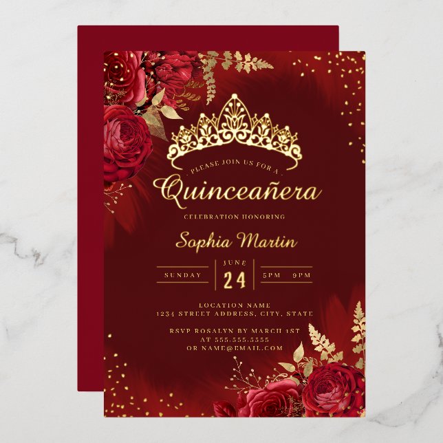 Red Gold Floral Quinceanera  Foil Invitation (Front/Back)