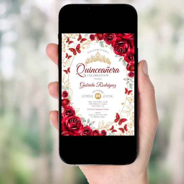 Red Gold Floral Quinceanera Invitation (Front Digital)