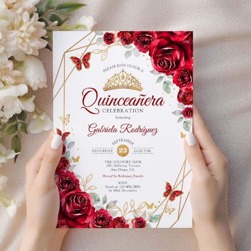 Red Gold Floral Quinceanera Invitation