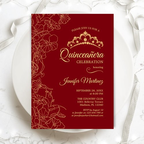 Red Gold Floral Quinceanera Party Invitation