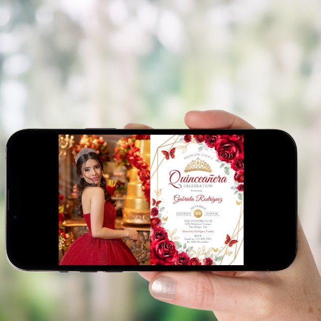 Red Gold Floral Quinceanera Photo Invitation (Front Digital)