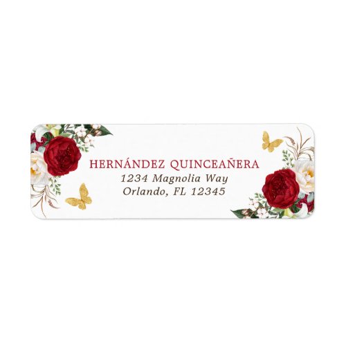 Red Gold Floral Quinceaera Return Address Label