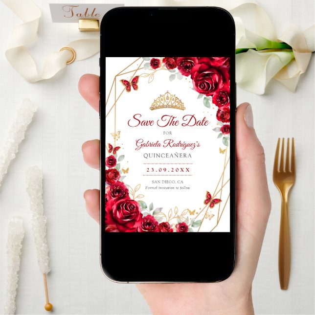 Red Gold Floral Quinceanera Save The Date (Front Digital)