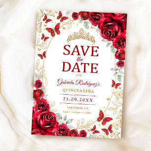 Red Gold Floral Quinceanera Save The Date