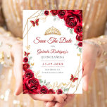 Red Gold Floral Quinceanera Save The Date<br><div class="desc">Red,  gold and white Quinceanera celebration save the date card. Features,  script font,  gold butterflies,  watercolor roses and tiara. Perfect for an elegant princess style glam celebration. Personalize with your own details. Printed Zazzle cards or instant download digital printable template.</div>