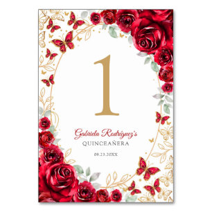 Red Gold Floral Quinceanera Table Number