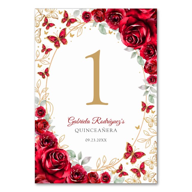 Red Gold Floral Quinceanera Table Number (Front)