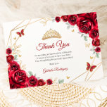 Red Gold Floral Quinceanera Thank You Card<br><div class="desc">Red,  gold and white floral Quinceanera thank you card. Features,  script font,  gold butterflies,  watercolor roses and tiara. Perfect for an elegant princess style glam celebration. Personalize with your own details.</div>