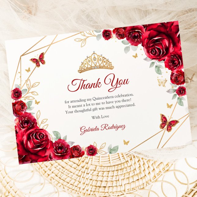 Red Gold Floral Quinceanera Thank You Card (Creator Uploaded)