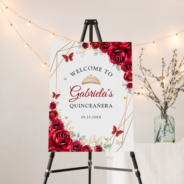 Red Gold Floral Quinceanera Welcome Foam Board (In Situ (Stand))