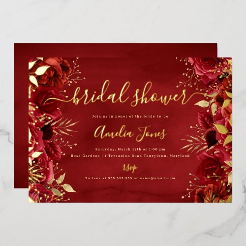 Red Gold Floral Rose Bridal Shower Foil Invitation