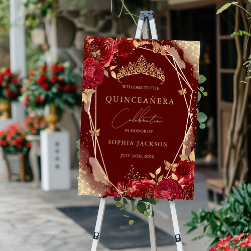 Red Gold Floral Rose Quinceanera Sign Welcome