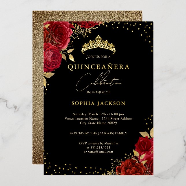 Red Gold Floral Rose Tiara Quinceanera Foil Invitation (Front/Back)