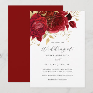 Red Gold Floral Rose Wedding Invitation