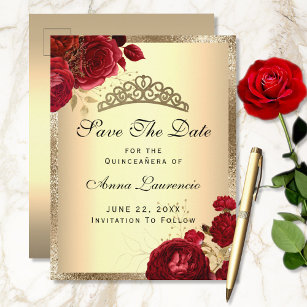 Red Gold Floral Roses Quinceanera Save The Date Postcard