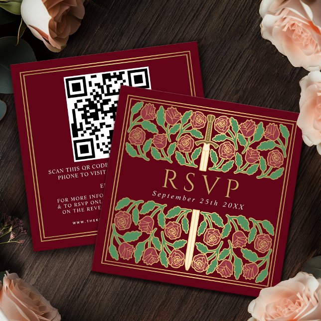 Red Gold Floral Royal Wedding RSVP QR Code  Enclosure Card (Creator Uploaded)
