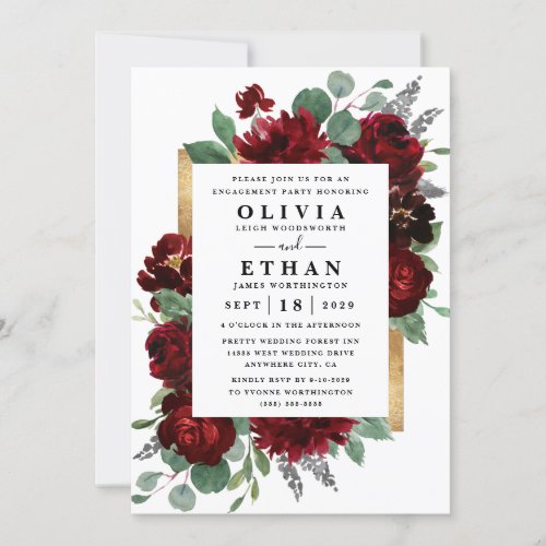 Red Gold Floral Rustic Elegant Engagement Party Invitation