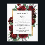 Red Gold Floral Rustic Elegant White Wedding Menus<br><div class="desc">Design features watercolor peony and rose floral elements in shades of red and burgundy over eucalyptus botanical greenery. Template also features a printed gold colored box for an added elegant layout. The typography displays a modern layout with black text. View the collection link on this page to find matching products...</div>
